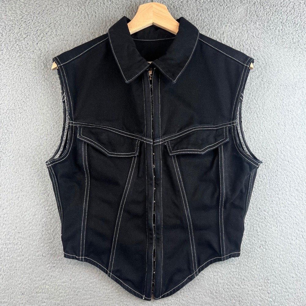 Dion Lee Black Denim Corset Vest Contrast Stitch Hook Eye Sleeveless Top US 8